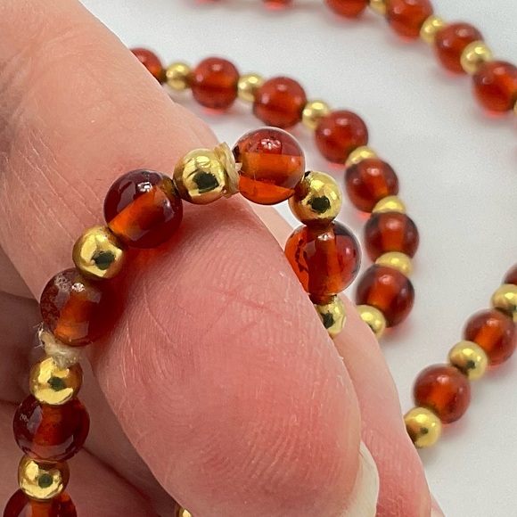 VTG, Lamp Work Glass & Gold Bead Necklace, Root Beer Color, Rope Length, 36" - Picture 8 of 11